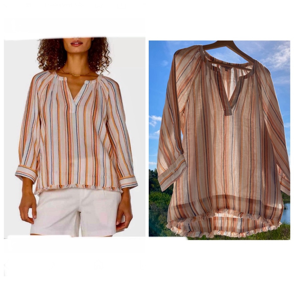 NWT LIVERPOOL Los Angeles Blouse 3/4 Sleeve Raglan Top W/ Fray Hem Size:L